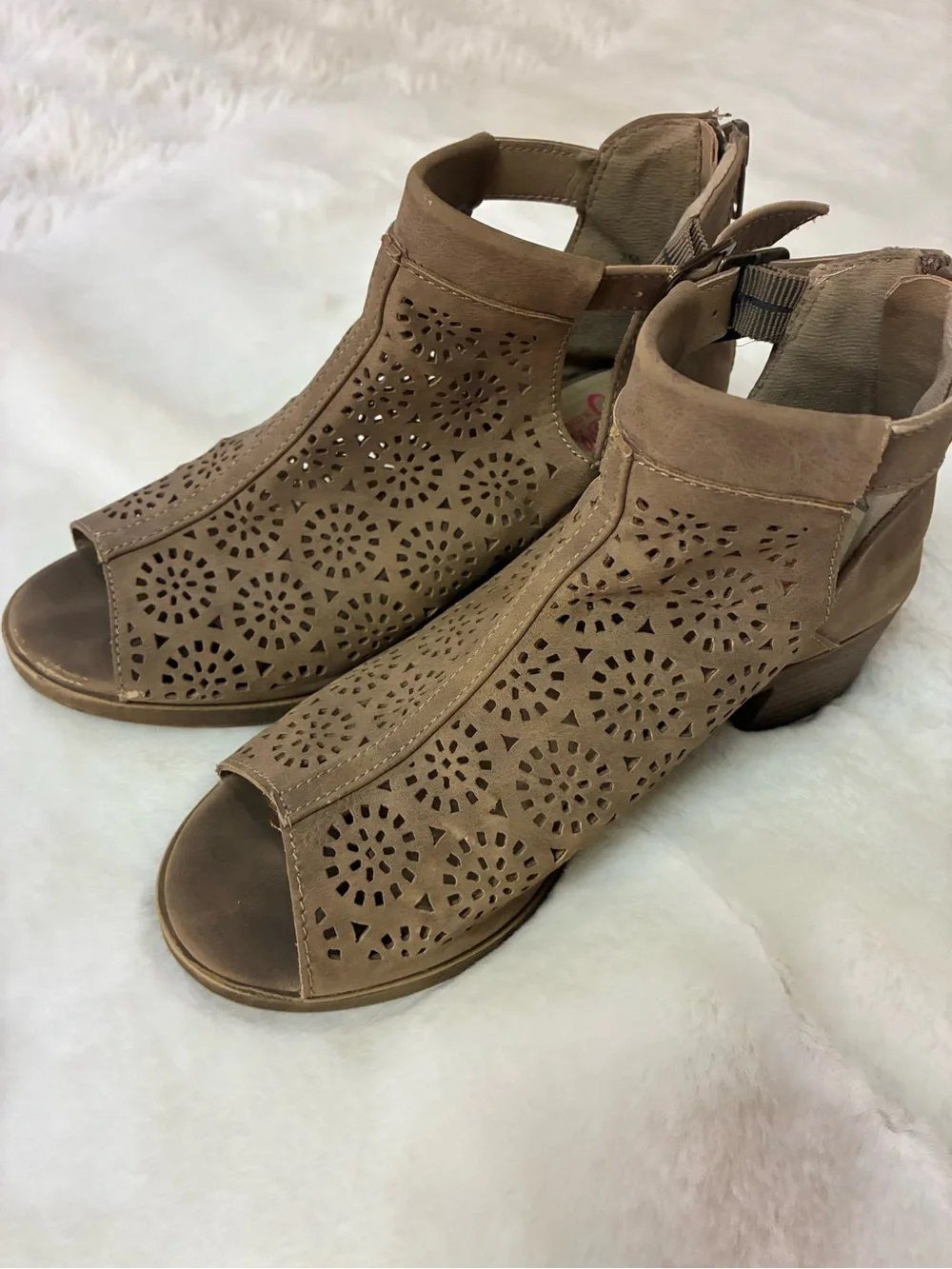 Jellypop Taupe Laser-Cut Peep-Toe Ankle Heels